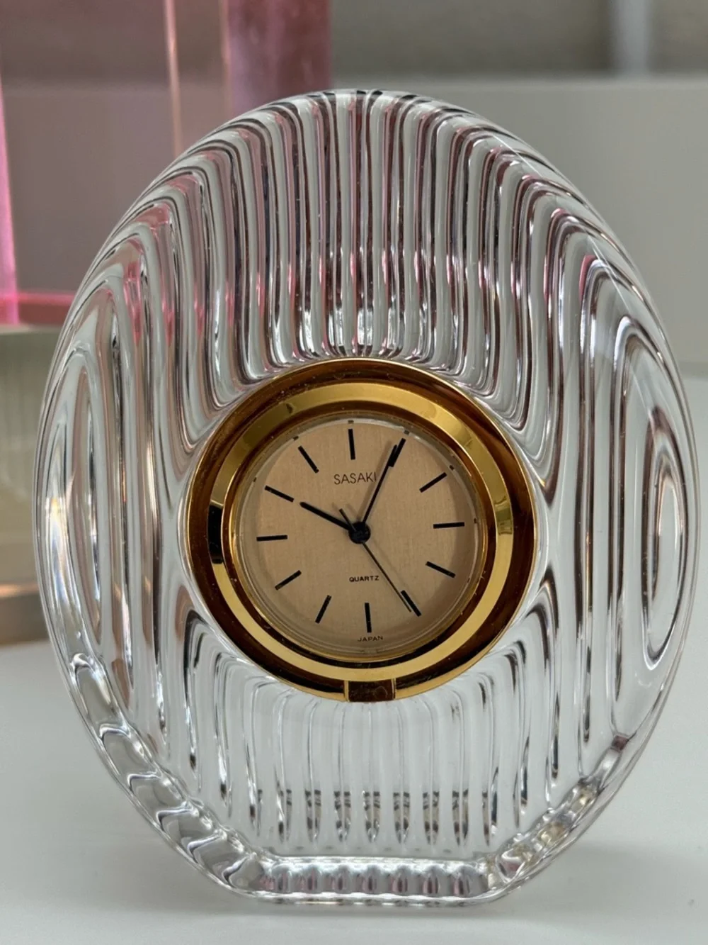 Vintage Sasaki Clear Crystal Quartz Desk Clock with Gold Accents